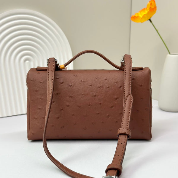 LP Extra Bag 19cm Ostrich Pattern Chestnut Brown Calfskin Silver Hardware
