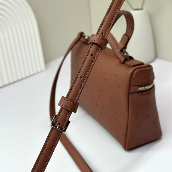 LP Extra Bag 19cm Ostrich Pattern Chestnut Brown Calfskin Silver Hardware