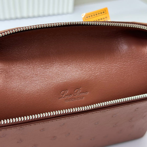 LP Extra Bag 19cm Ostrich Pattern Chestnut Brown Calfskin Silver Hardware