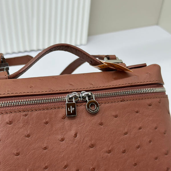 LP Extra Bag 19cm Ostrich Pattern Chestnut Brown Calfskin Silver Hardware