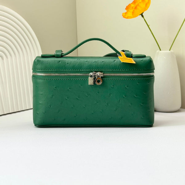 LP Extra Bag 19cm Ostrich Pattern Green Calfskin Silver Hardware