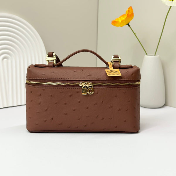 LP Extra Bag 19cm Ostrich Pattern Chestnut Brown Calfskin Gold Hardware