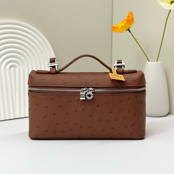 LP Extra Bag 19cm Ostrich Pattern Chestnut Brown Calfskin Silver Hardware
