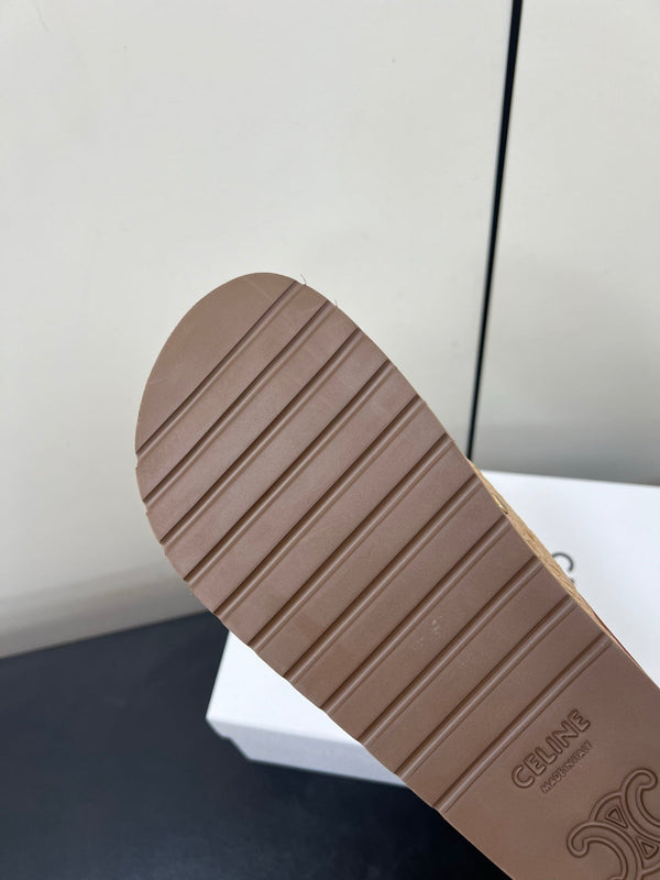 Celine 25 Straw Rivet Birkenstock Slippers Beige Brown Raffia woven Sheepskin