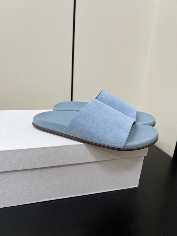 The Row Slippers In Baby Blue Suede 340021