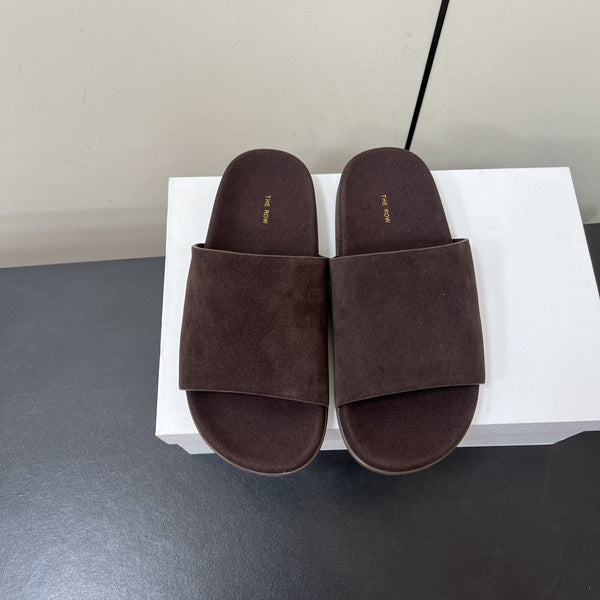 The Row Slippers In Chocolate Suede 340023