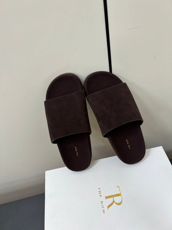 The Row Slippers In Chocolate Suede 340023