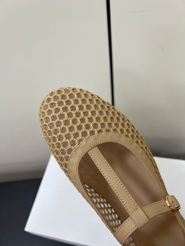 The Row 25ss Square T-Strap Flat Beige Mesh Cowhide 340039