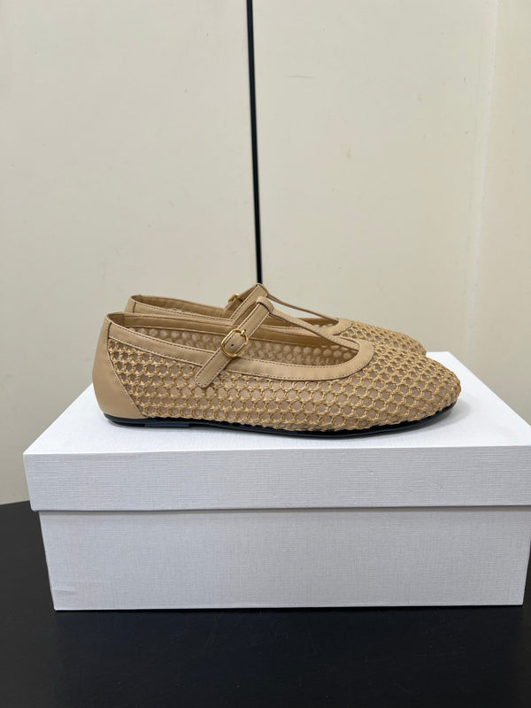 The Row 25ss Square T-Strap Flat Beige Mesh Cowhide 340039
