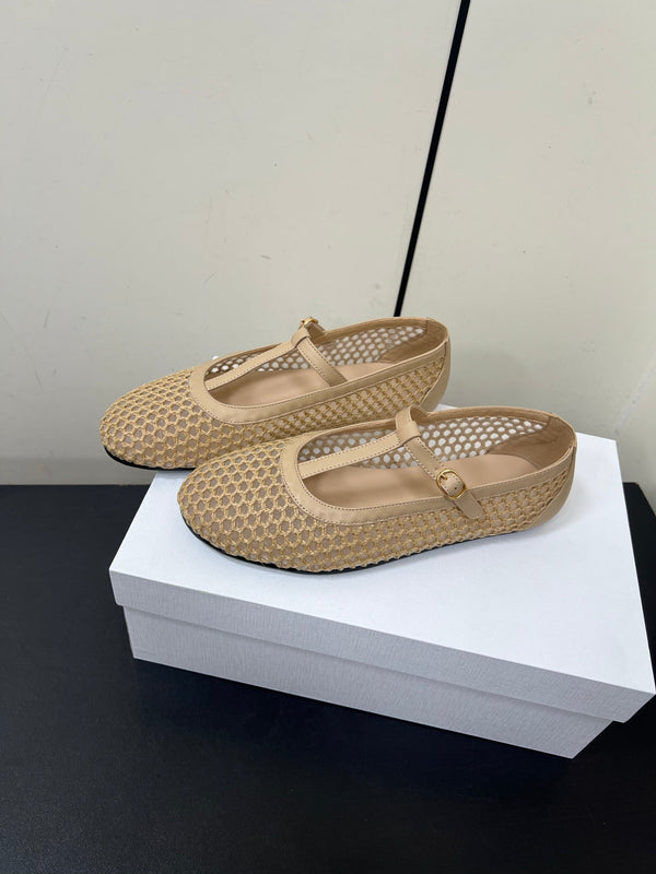 The Row 25ss Square T-Strap Flat Beige Mesh Cowhide 340039
