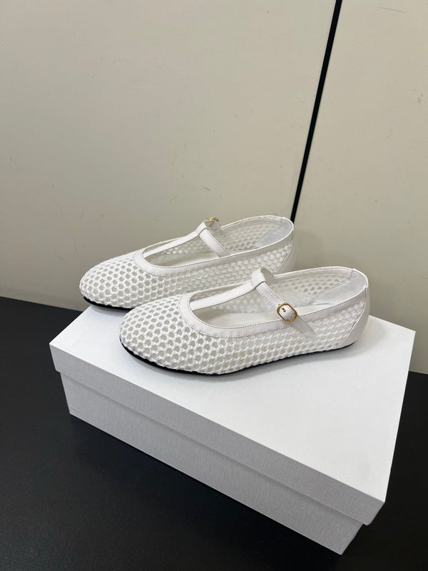 The Row 25ss Square T-Strap Flat White Mesh Cowhide 340040