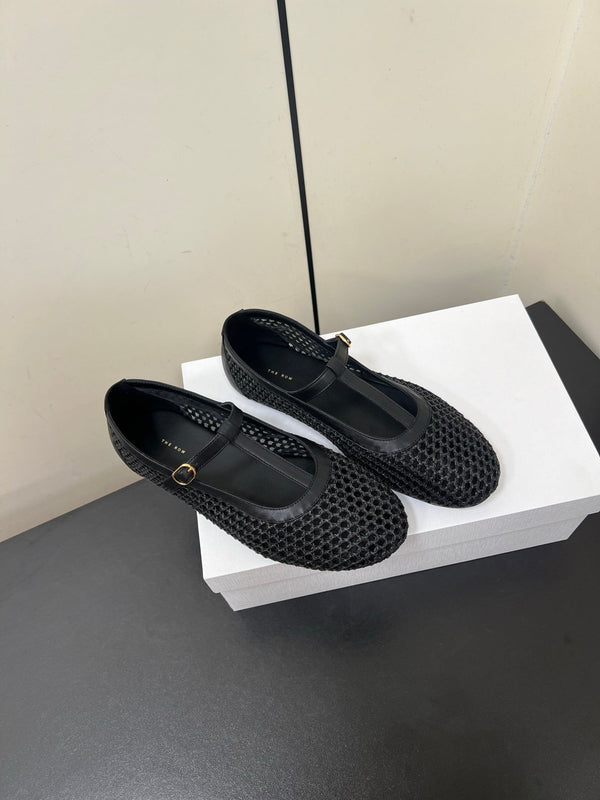 The Row 25ss Square T-Strap Flat Black Mesh Cowhide 340041