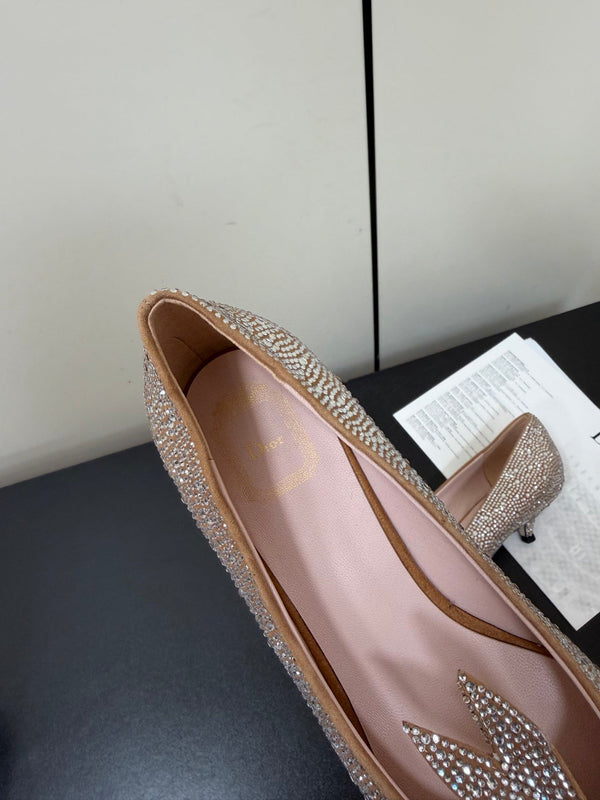CD Heel Pointed Toe Rhinestone Slingback 3.5 Gold Suede 619566