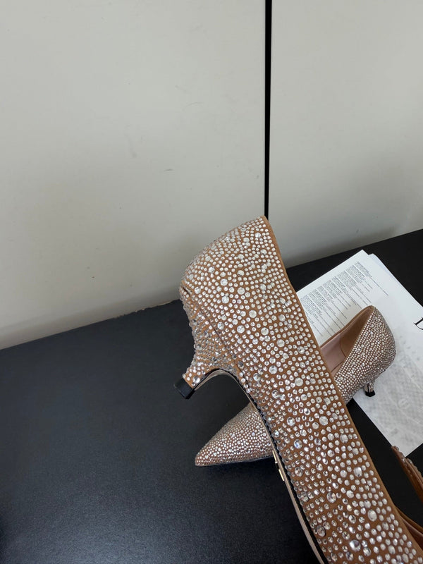 CD Heel Pointed Toe Rhinestone Slingback 3.5 Gold Suede 619566