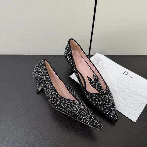 CD Heel Pointed Toe Rhinestone Slingback 3.5 Black Suede 619567