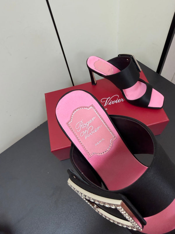Sandales RV Trompette 8,5 cm en satin noir et rose 619600