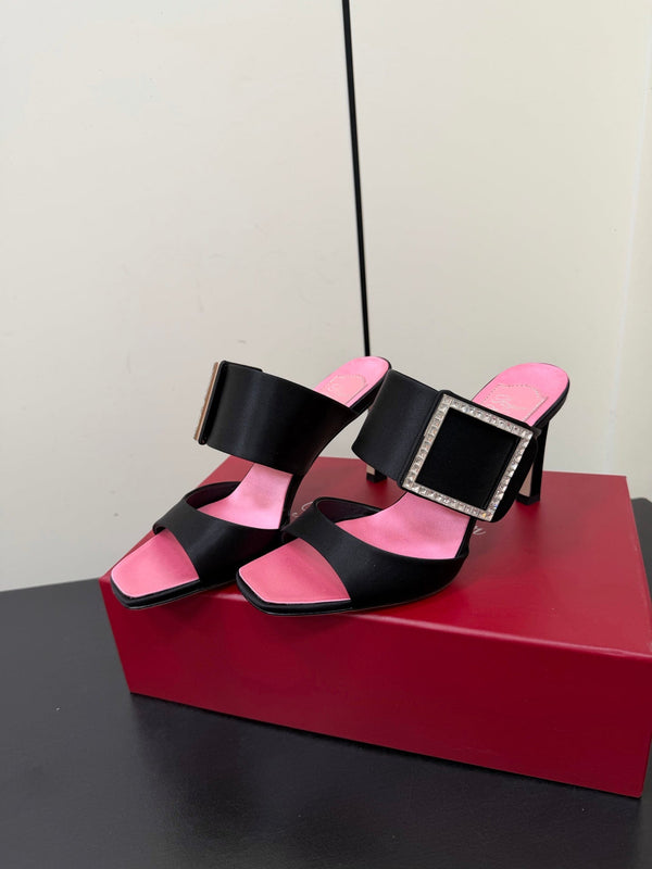 Sandales RV Trompette 8,5 cm en satin noir et rose 619600