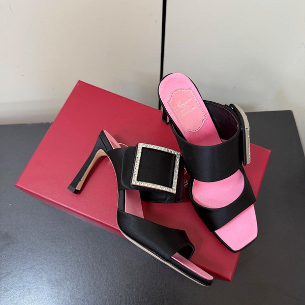 Sandales RV Trompette 8,5 cm en satin noir et rose 619600