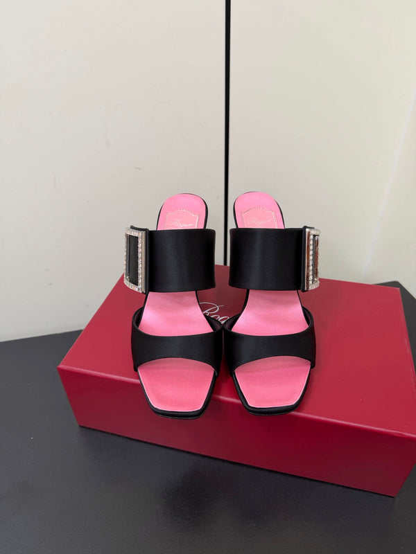 Sandales RV Trompette 8,5 cm en satin noir et rose 619600