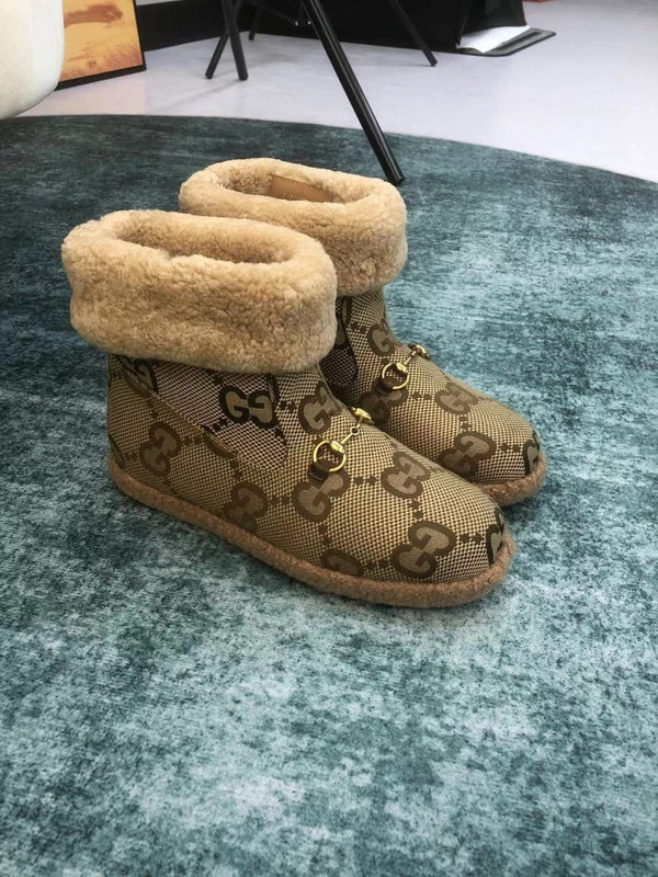 GG Horsebit Snow Boots Dark Beige Woolen Fabric Fleece 576252