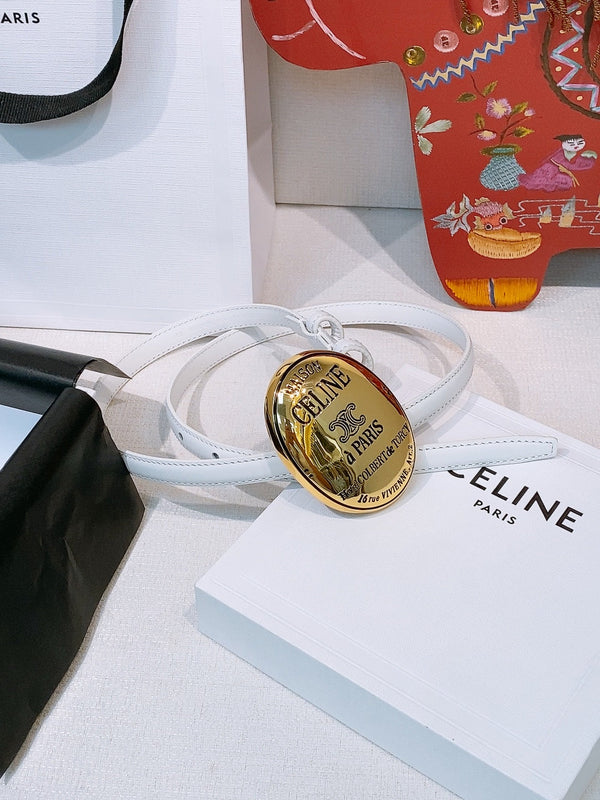 Celine Teen Maison Belt 1.3cm White Gold Calfskin 203747
