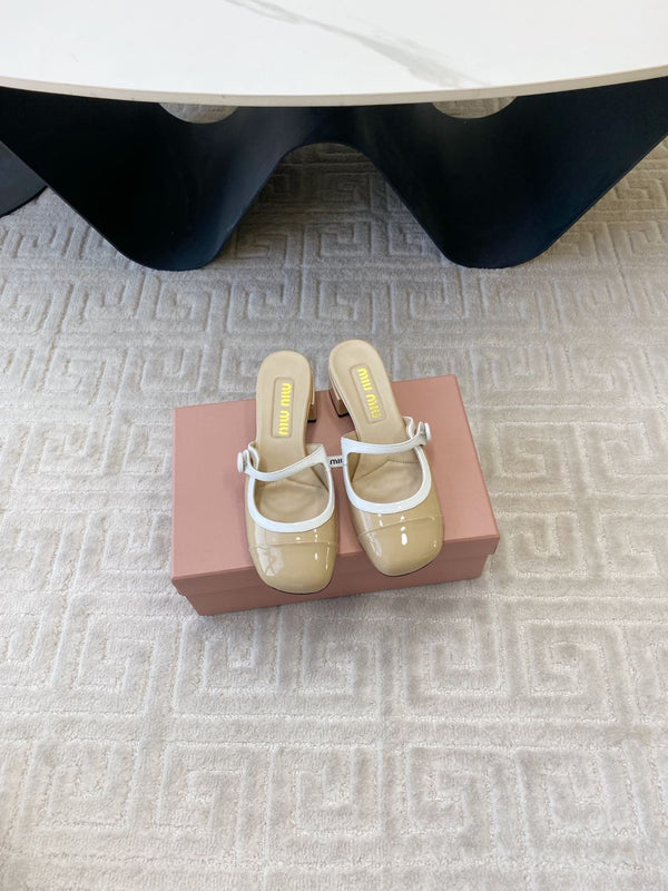 Miu Mary Jane Mule Pumps In Beige Glossy Sheepskin