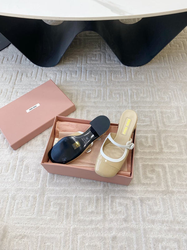 Miu Mary Jane Mule Pumps In Beige Glossy Sheepskin