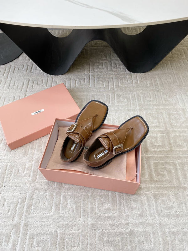 Miu Thong Sandals In Russet Brown Shiny Lambskin With Silver Buckle