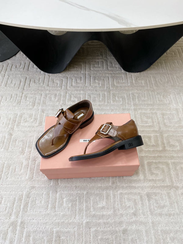 Miu Thong Sandals In Russet Brown Shiny Lambskin With Silver Buckle