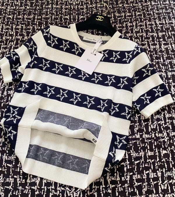 CD 2025 Striped Short-sleeved T-shirt Navy Blue White tencel 606658