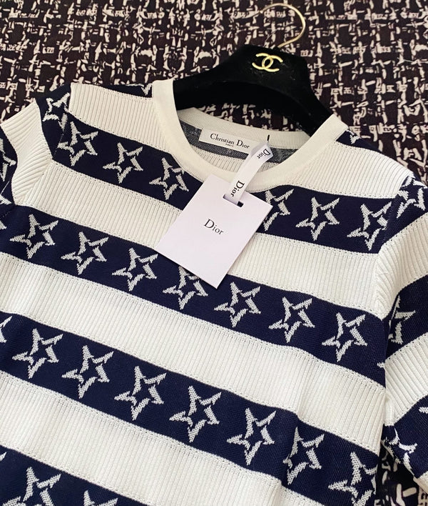 CD 2025 Striped Short-sleeved T-shirt Navy Blue White tencel 606658