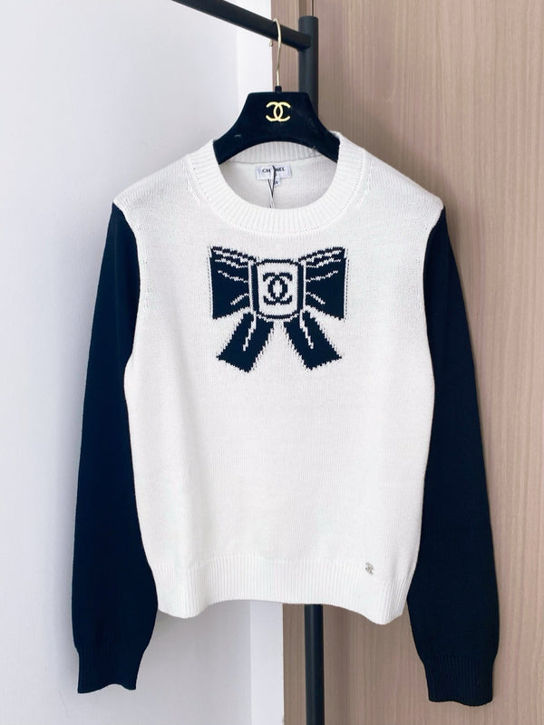 Chanel 2025 Pull Nœud Mélange Blanc Bleu Laine 99230