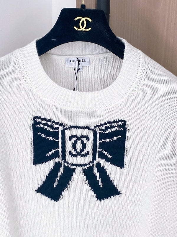 Chanel 2025 Pull Nœud Mélange Blanc Bleu Laine 99230