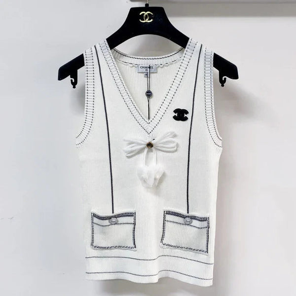 Gilet col en V nœud Chanel 2026 Laine blanche 212271