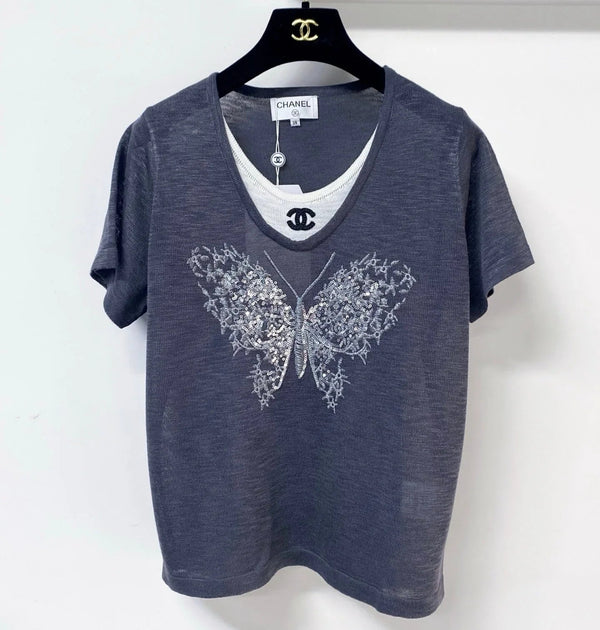 CC 2026 Navy Short-Sleeved Shirt Butterfly Graphic Wool 358851