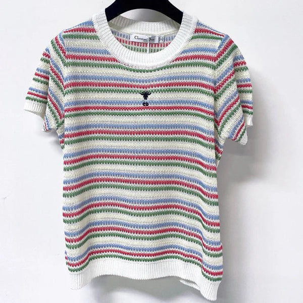 CD 2026 Multi Color Striped Knit Short Sleeve T-shirt Wool Laine 405746