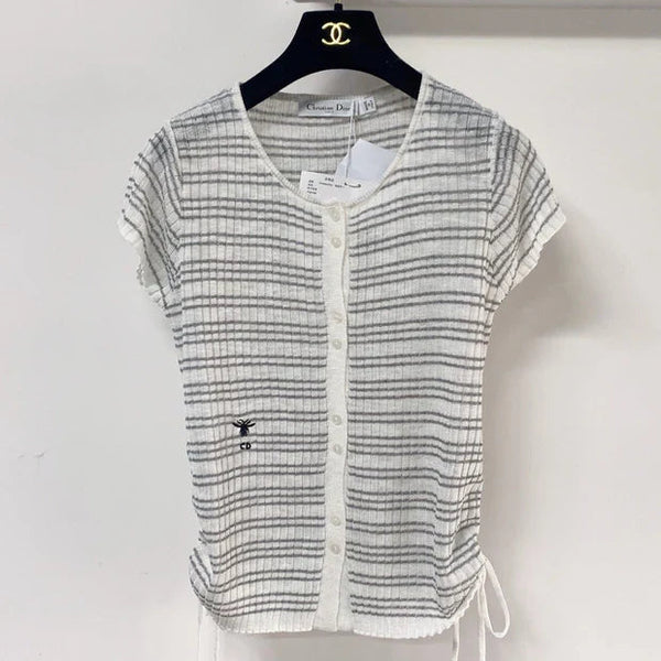 CD 2026 Striped Short-Sleeve Cardigan White Grey Acrylic 463518