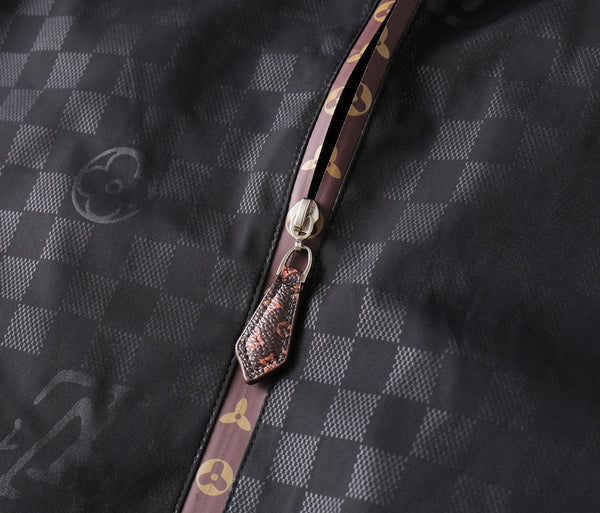 LV HOODED JACKET IN BLACK DAMIER AND BROWN TRIM 239036
