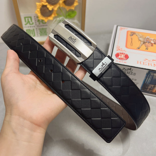 Ceinture HM 38 mm en cuir de veau noir, boucle argentée 619595