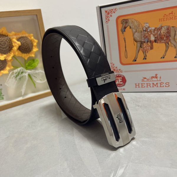 Ceinture HM 38 mm en cuir de veau noir, boucle argentée 619595