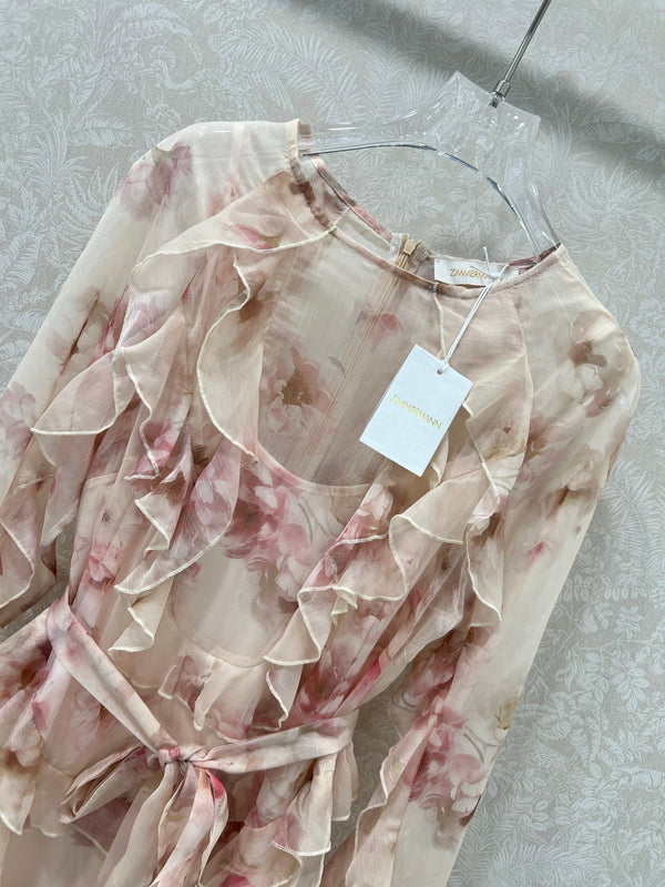 Robe longue Zimmermann Hypnotic Frill en coton Crème Pivoine 336579