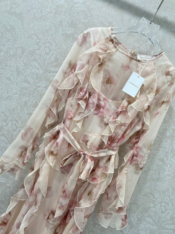 Robe longue Zimmermann Hypnotic Frill en coton Crème Pivoine 336579