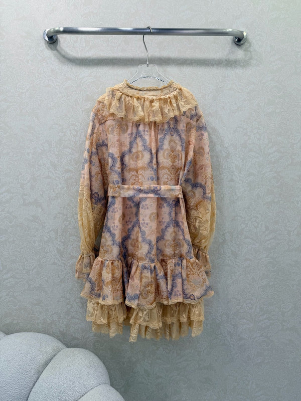 Mini-robe en coton fleuri couleur camel à lacets Zimmermann Rebellion 335960