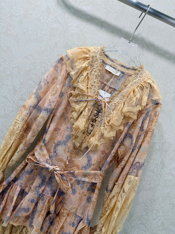 Mini-robe en coton fleuri couleur camel à lacets Zimmermann Rebellion 335960