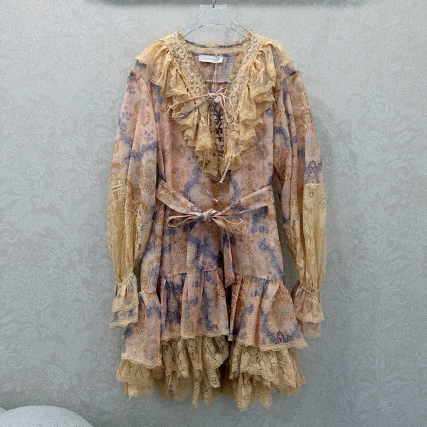 Mini-robe en coton fleuri couleur camel à lacets Zimmermann Rebellion 335960