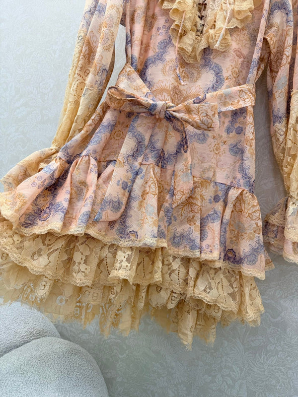Mini-robe en coton fleuri couleur camel à lacets Zimmermann Rebellion 335960