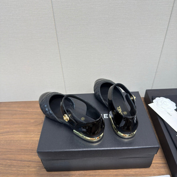 CC Quilted Cap Toe Ballerina Flats Black Lamskin & Calfskin 429729