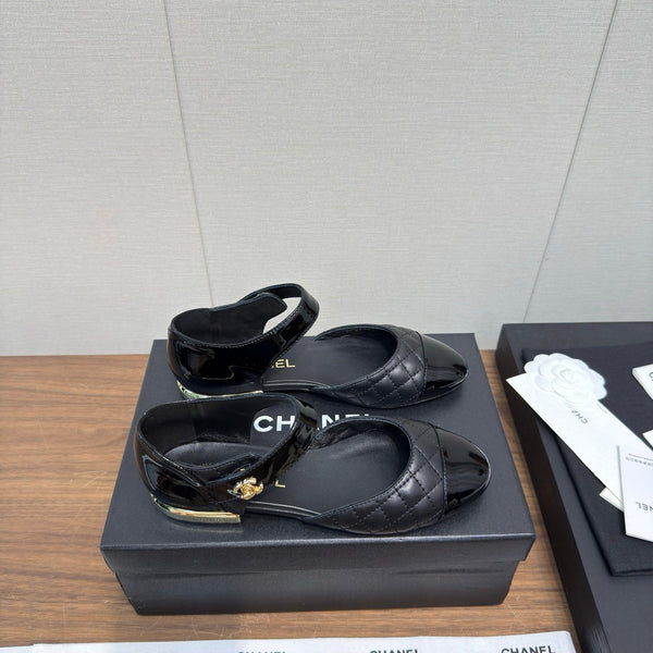 CC Quilted Cap Toe Ballerina Flats Black Lamskin & Calfskin 429729