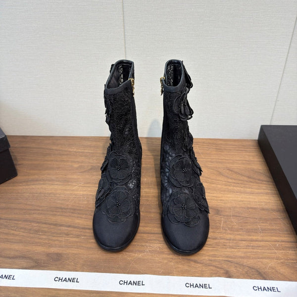CC 25b Camellia Flower Short Boots 40mm Black Mesh & Frabic 429749