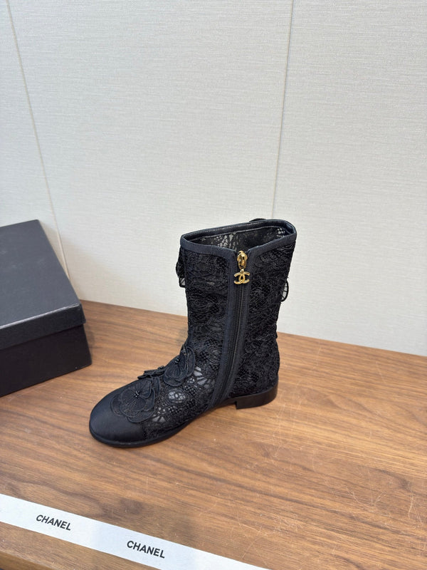 CC 25b Camellia Flower Short Boots 40mm Black Mesh & Frabic 429749